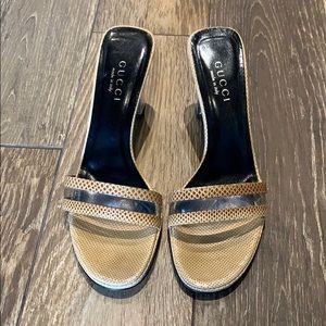 Gucci Beige and Black Open-Toe Sandal Mules